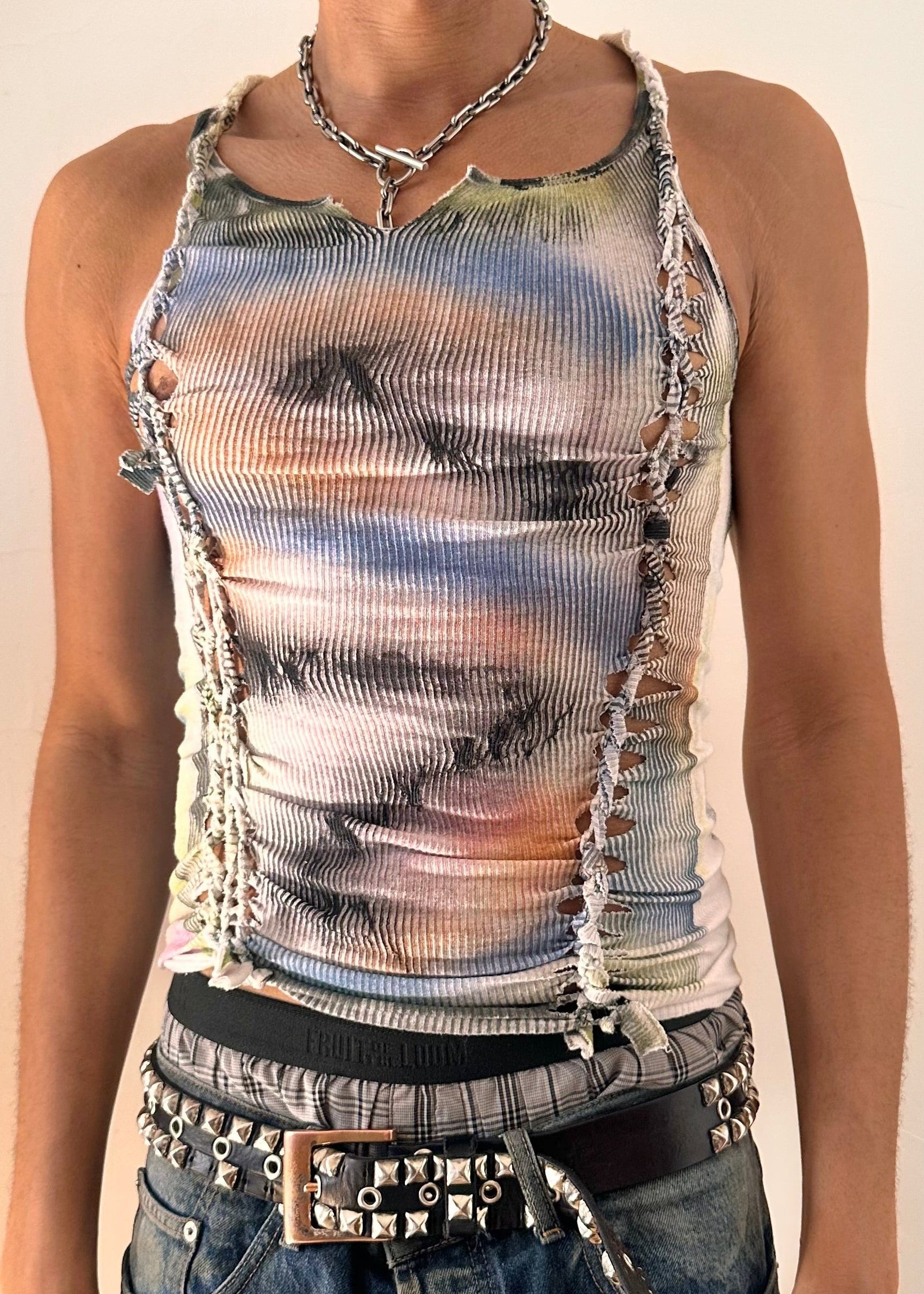 Close up of ASTROBOI* x Hanes Sunset white hand painted braided twist tank top with slash detailing, form fitting silhouette, size Large