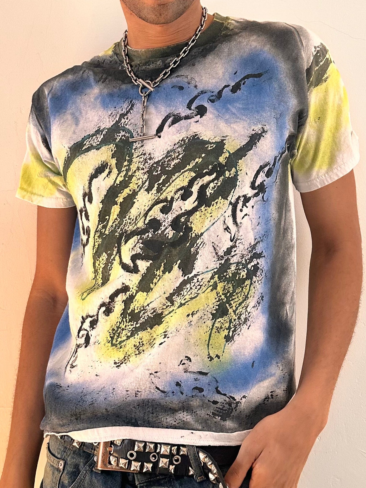 Close up of ASTROBOI* x Gildan Otis black tattoo print graphic T-shirt in heavyweight cotton with hand-painted design, relaxed fit, NYC streetwear style