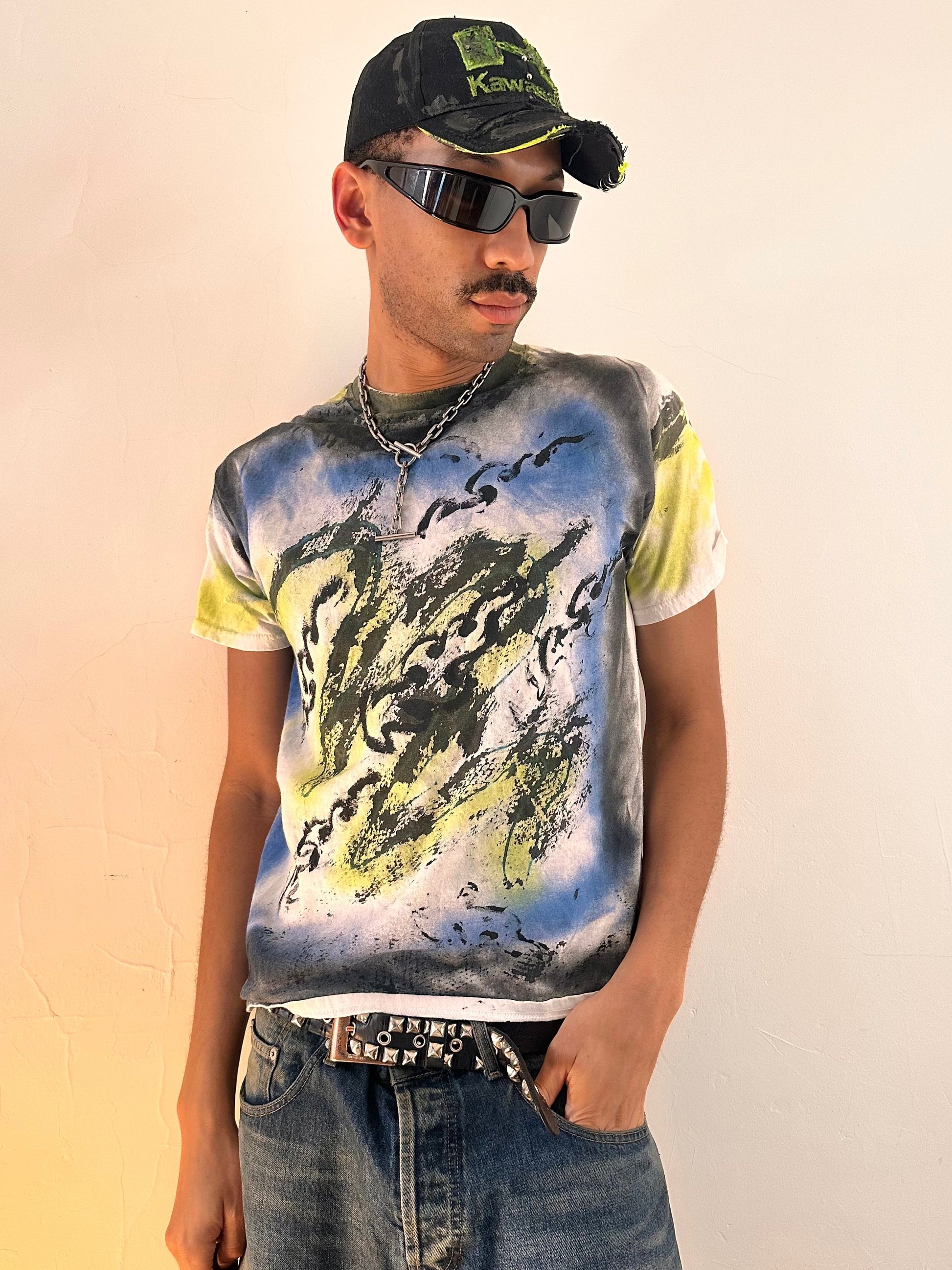 Styled image of ASTROBOI* x Gildan Otis black tattoo print graphic T-shirt in heavyweight cotton with hand-painted design, relaxed fit, NYC streetwear style