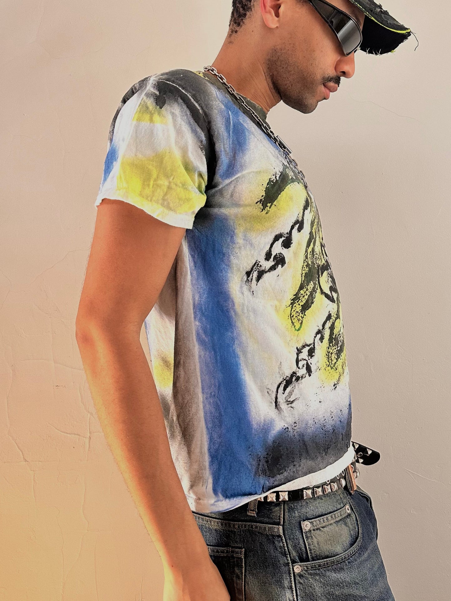 Right side of ASTROBOI* x Gildan Otis black tattoo print graphic T-shirt in heavyweight cotton with hand-painted design, relaxed fit, NYC streetwear style