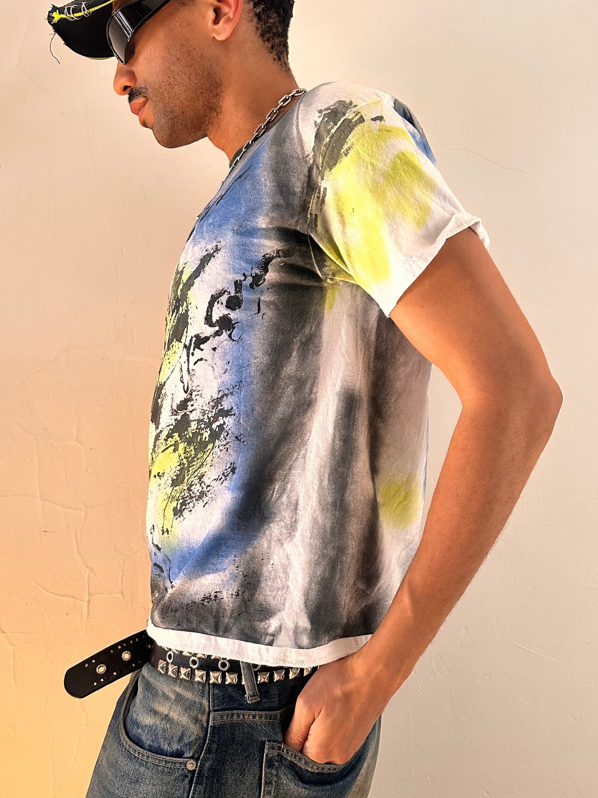 Left side of ASTROBOI* x Gildan Otis black tattoo print graphic T-shirt in heavyweight cotton with hand-painted design, relaxed fit, NYC streetwear style