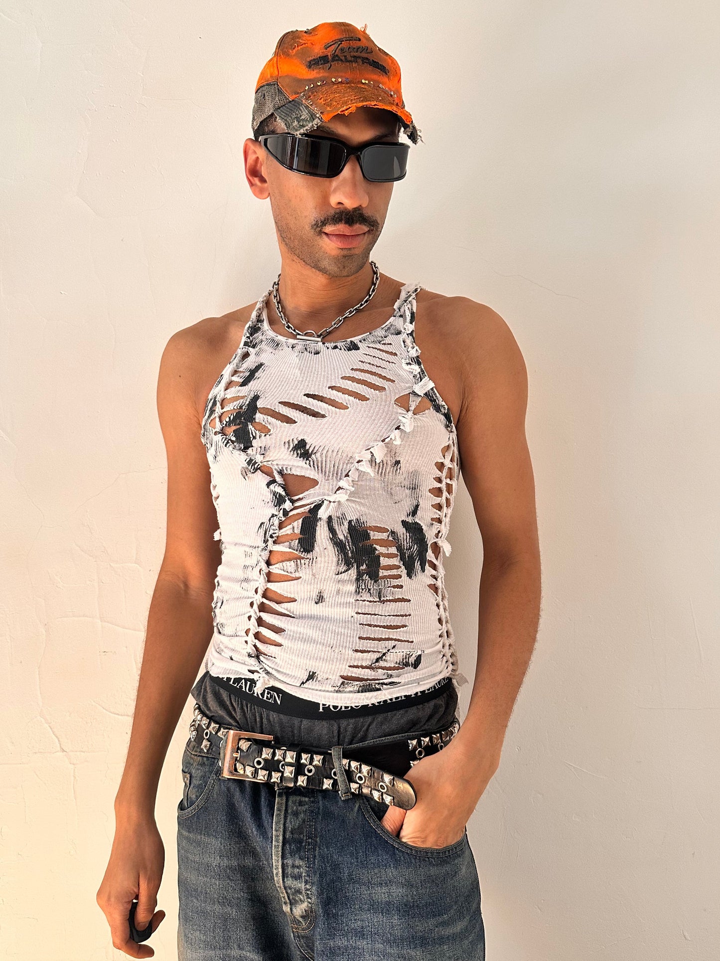 ASTROBOI* x Hanes 'Meo' White & Black Cotton Braided Tank - Small