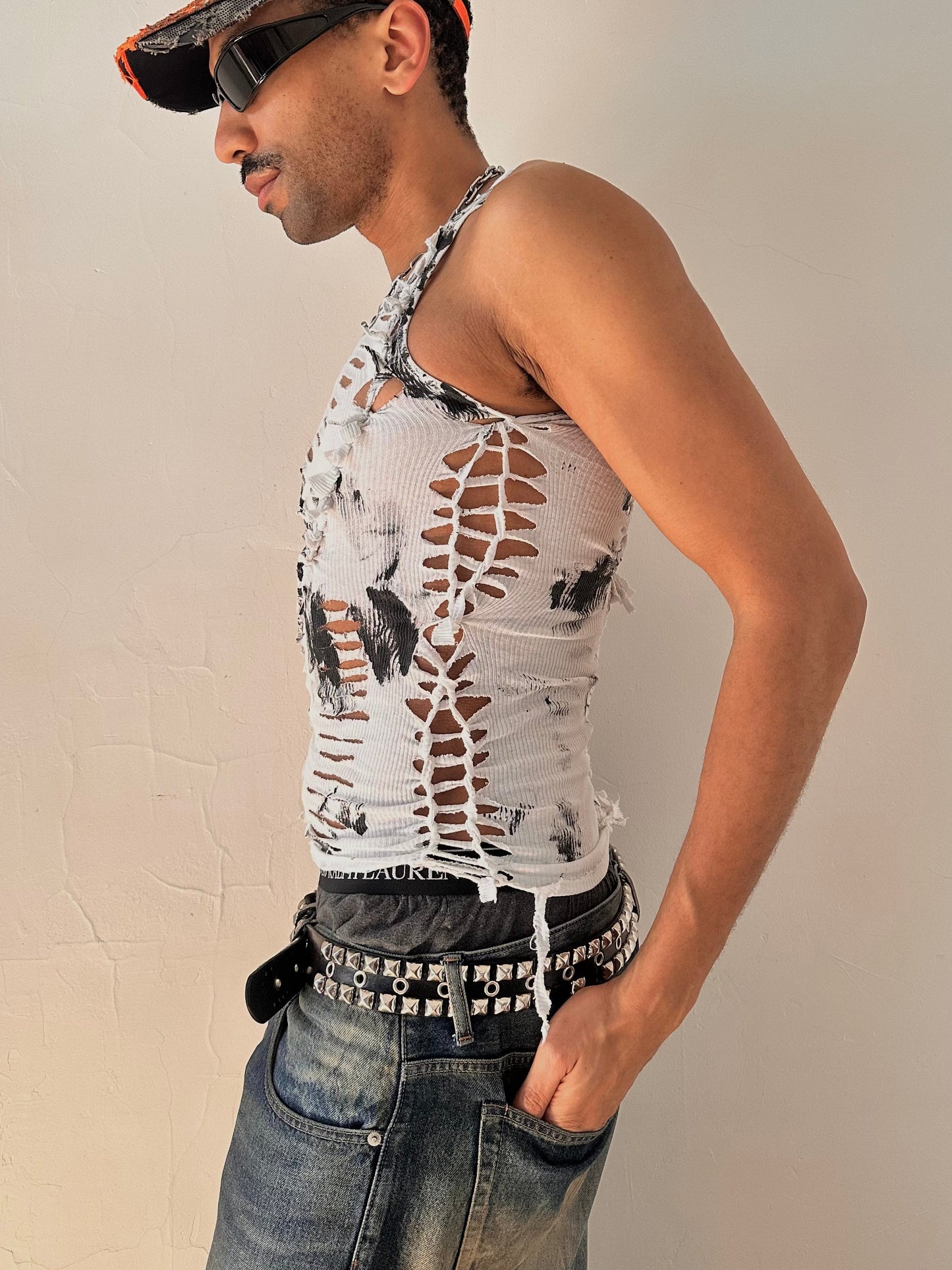ASTROBOI* x Hanes 'Meo' White & Black Cotton Braided Tank - Small