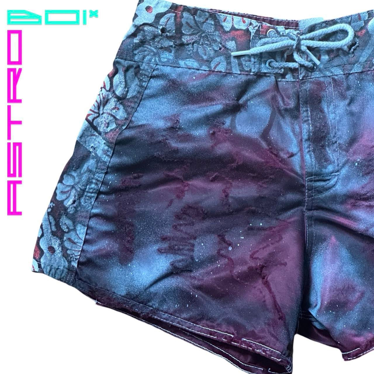 ASTROBOI* Y2K Women's Maroon Hibiscus Nylon Grunge Board Shorts – flat front 