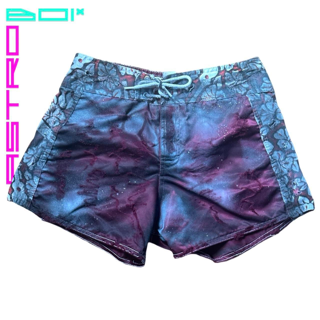 ASTROBOI* Y2K Women's Maroon Hibiscus Nylon Grunge Board Shorts – flat  front 2