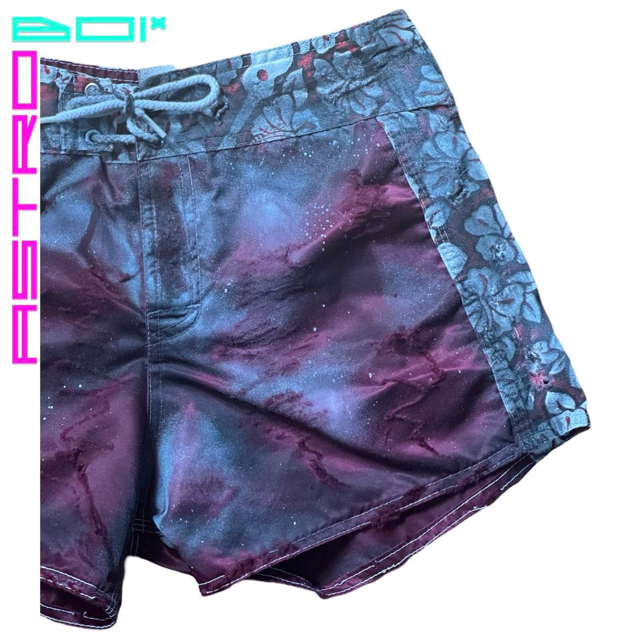 ASTROBOI* Y2K Women's Maroon Hibiscus Nylon Grunge Board Shorts – flat flat front right 