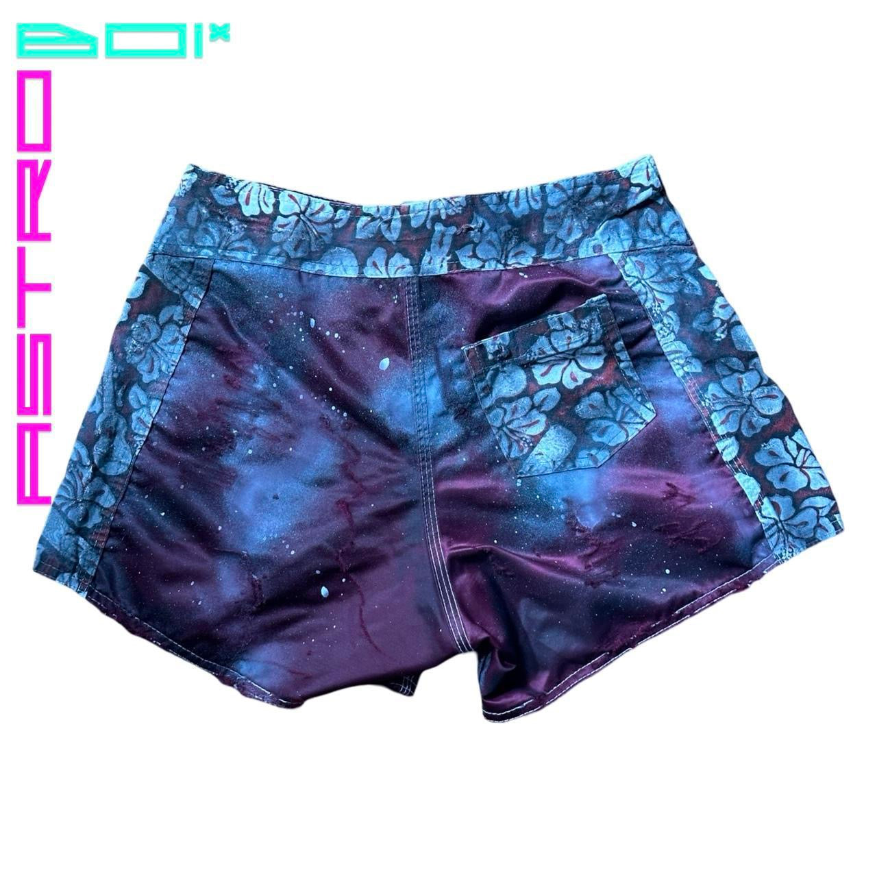 ASTROBOI* Y2K Women's Maroon Hibiscus Nylon Grunge Board Shorts – flat back