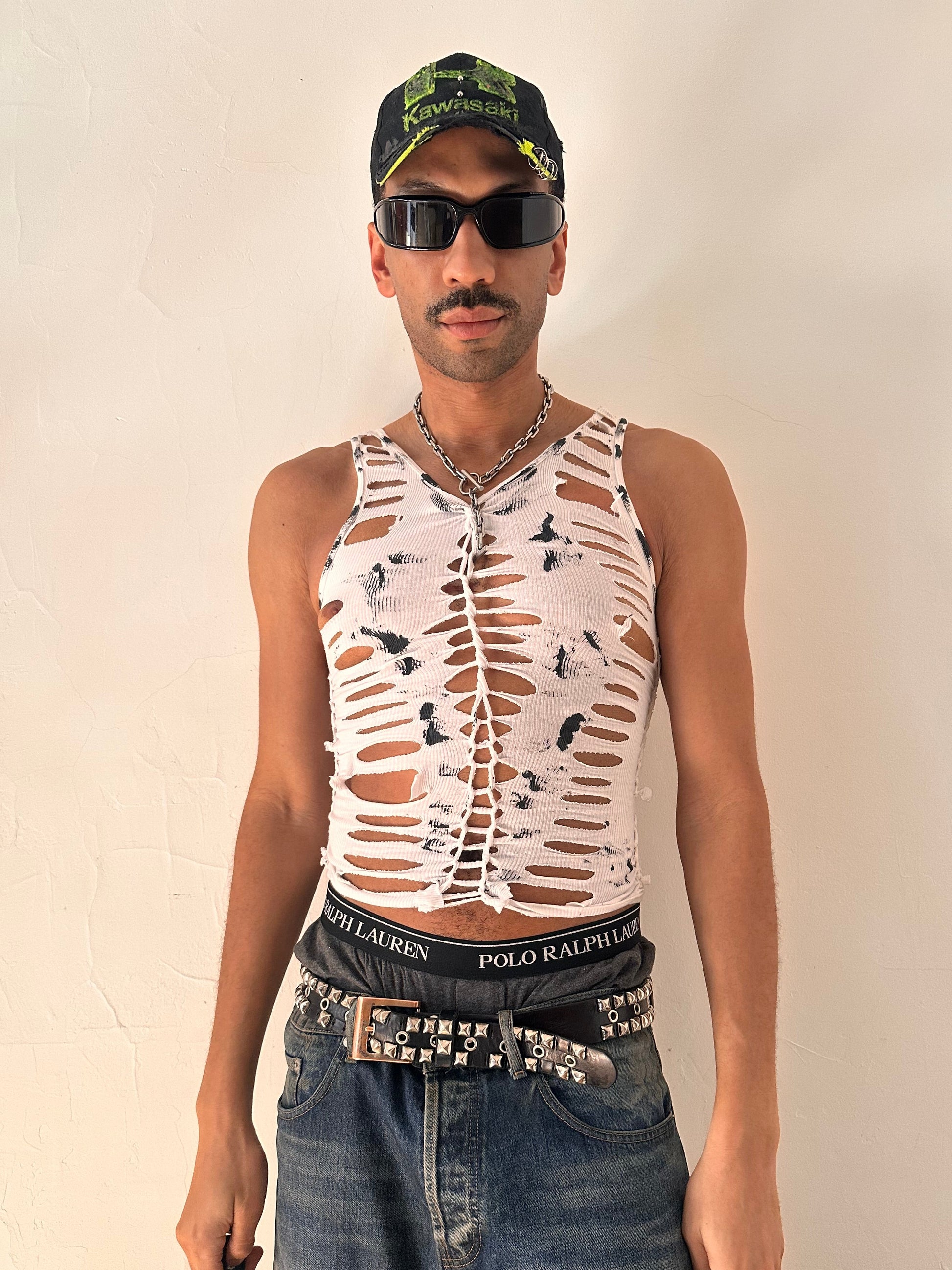 Model wearing ASTROBOI* 'Yin Yang' white and black braided twist tank top, styled full look, ASTROBOI* STUDIO NYC.