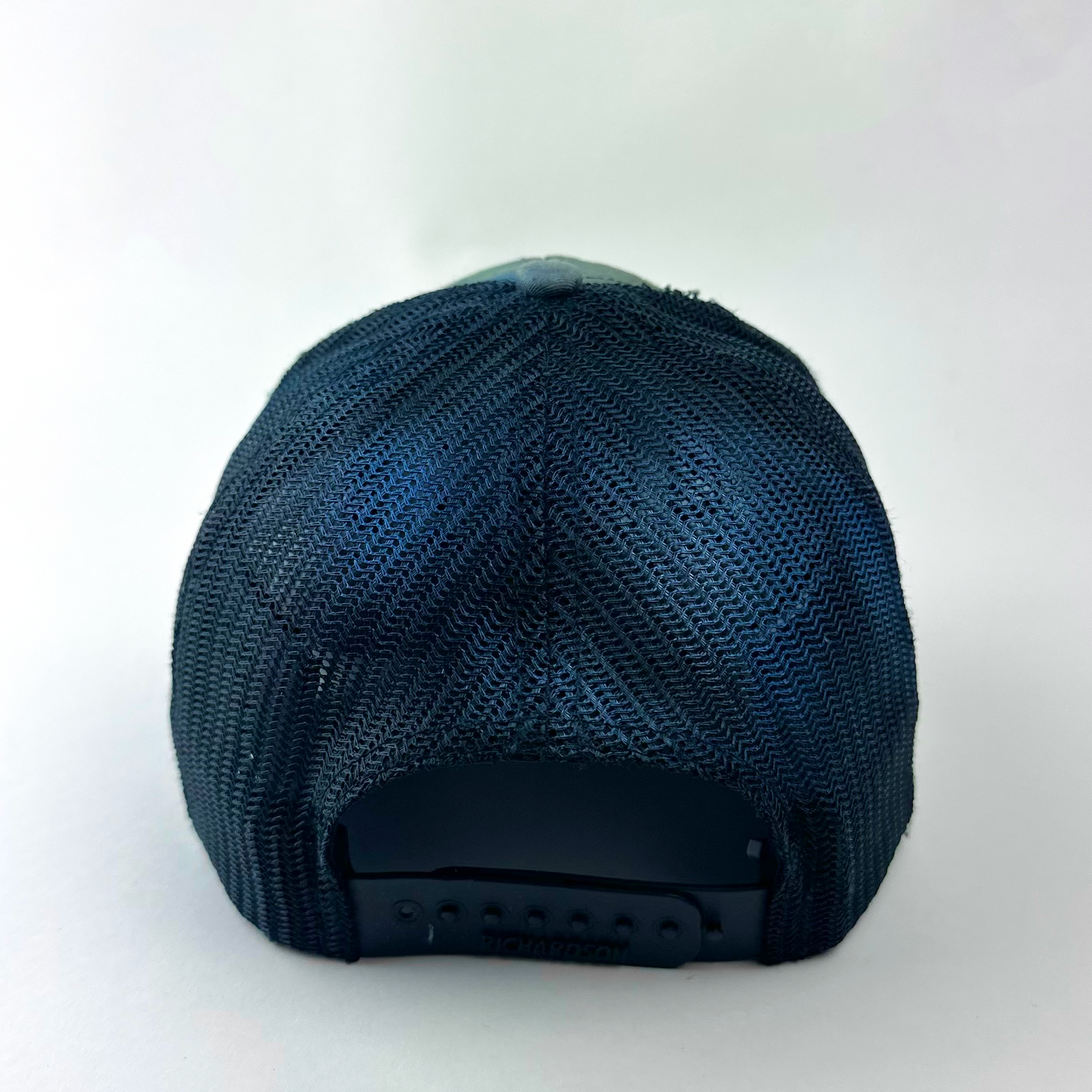 ASTROBOI* 'JFK Fishing' gray rhinestone trucker cap, rear view showing mesh back panel and adjustable strap.
