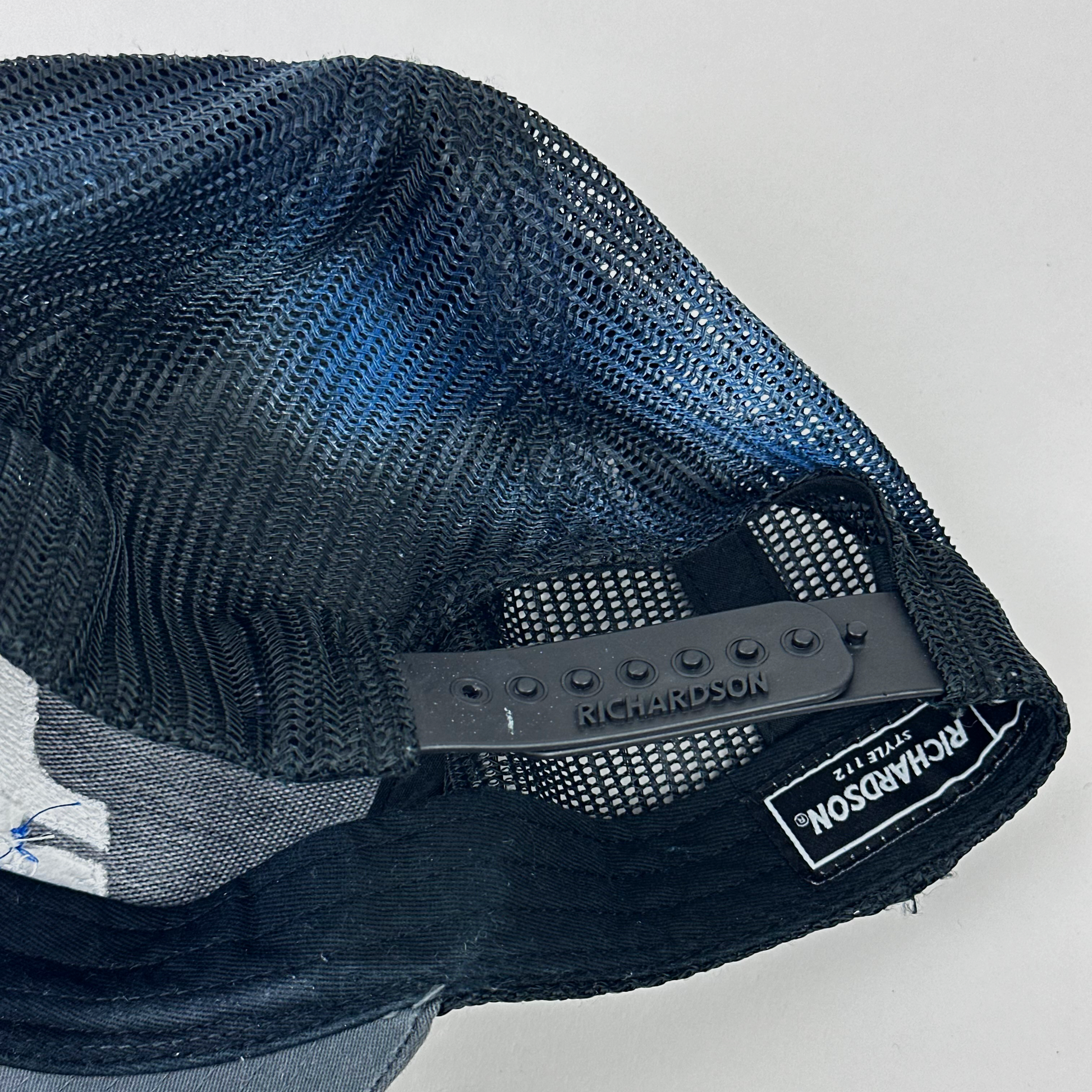 ASTROBOI* 'JFK Fishing' gray rhinestone trucker cap, rear view showing mesh back panel and adjustable strap.