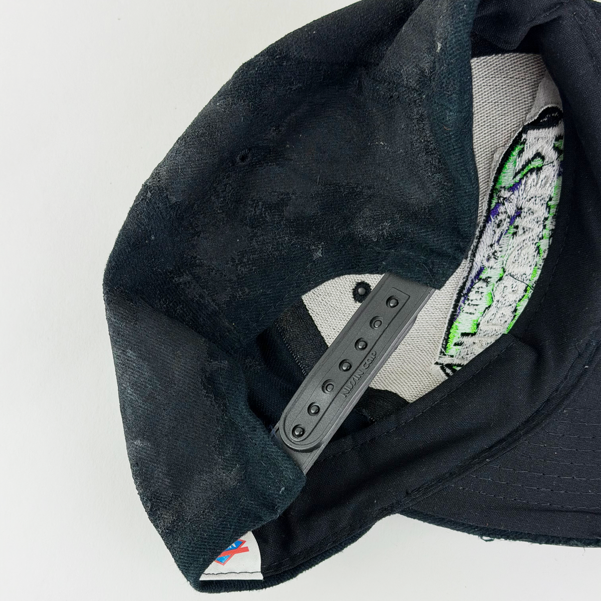 ASTROBOI* x Kawasaki 'Faust' black green and purple rhinestone studded cap, rear view showing adjustable strap back.