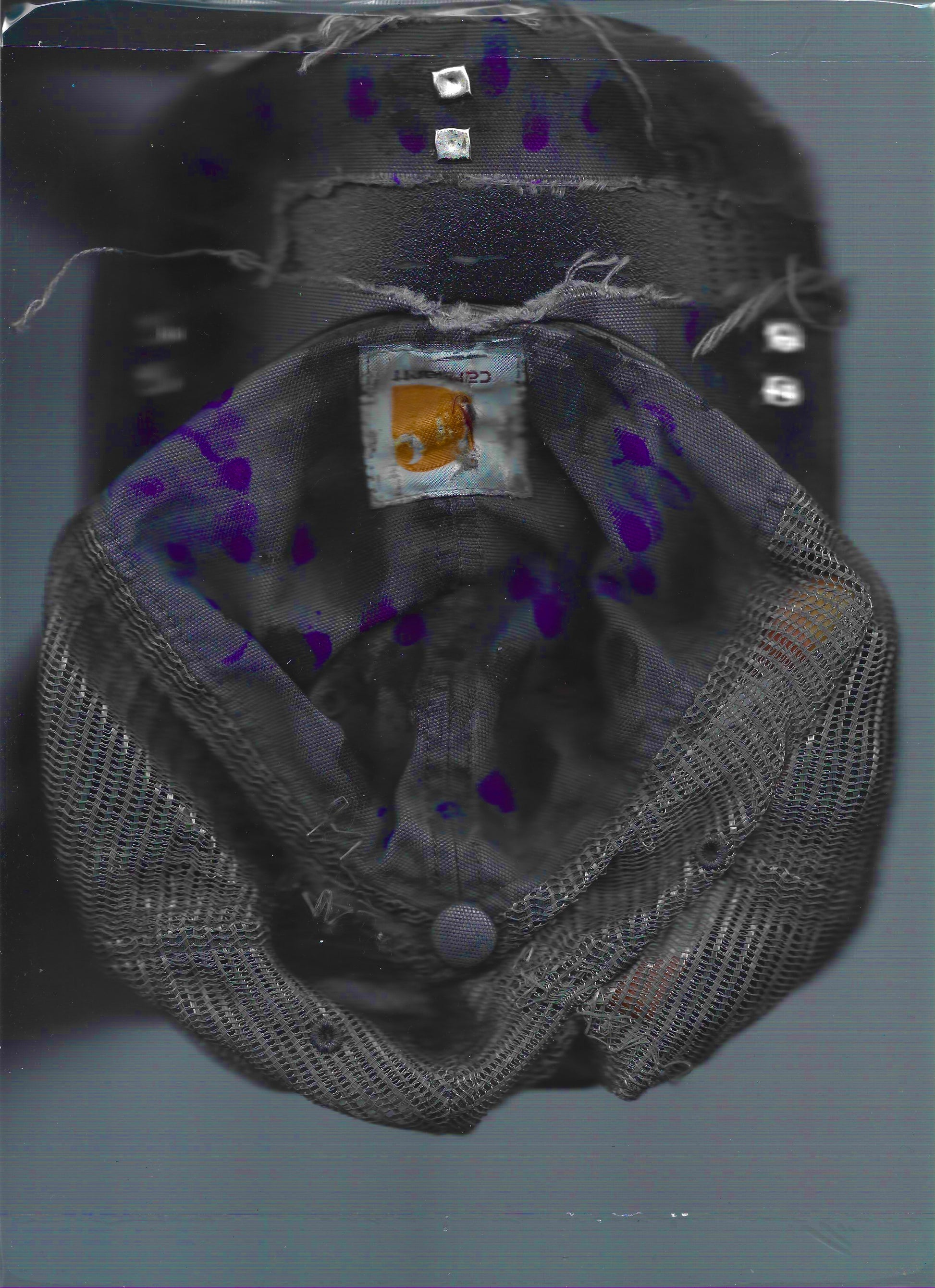 ASTROBOI* x Carhartt 'Amethyst' gray and purple distressed studded hat, front scanned view.