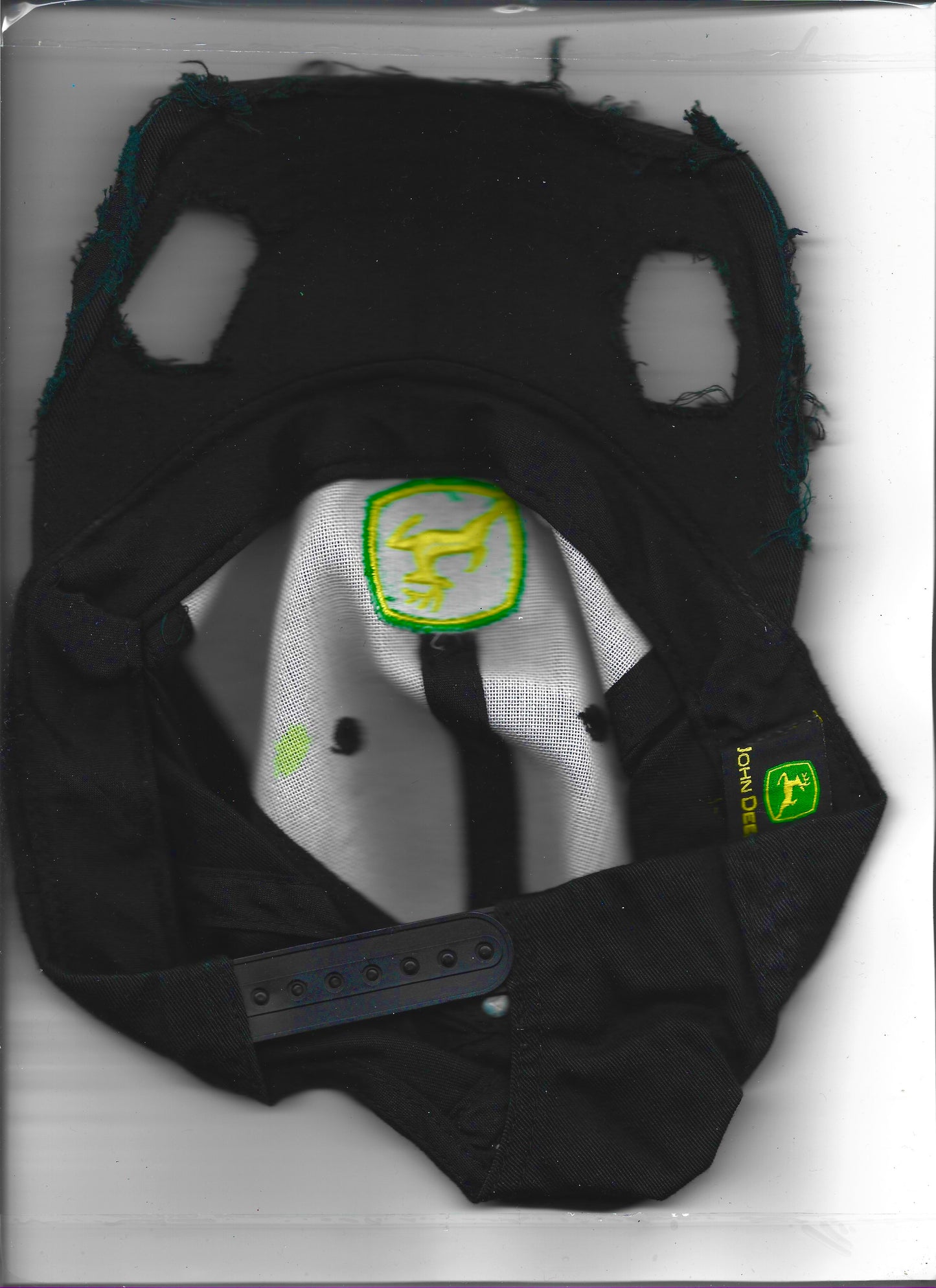 ASTROBOI* x John Deere 'Hyland' black distressed cut out hat, back view scanned image.