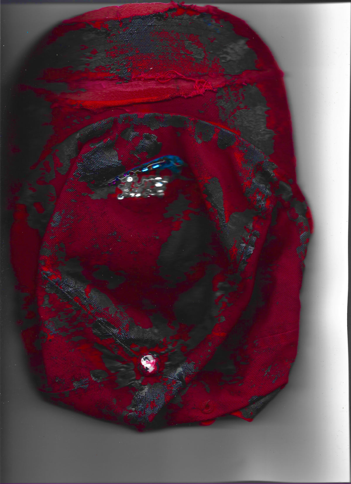 ASTROBOI* x Nike 'Comet' red and black painted distressed rhinestone hat, rear view showing front scanned image.