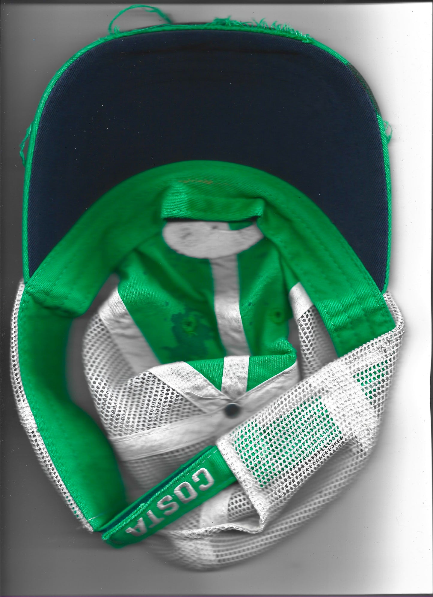A green and white baseball cap shown open, with a green padded interior, white mesh side panels, and a green adjustable strap labeled 'COSTA'.