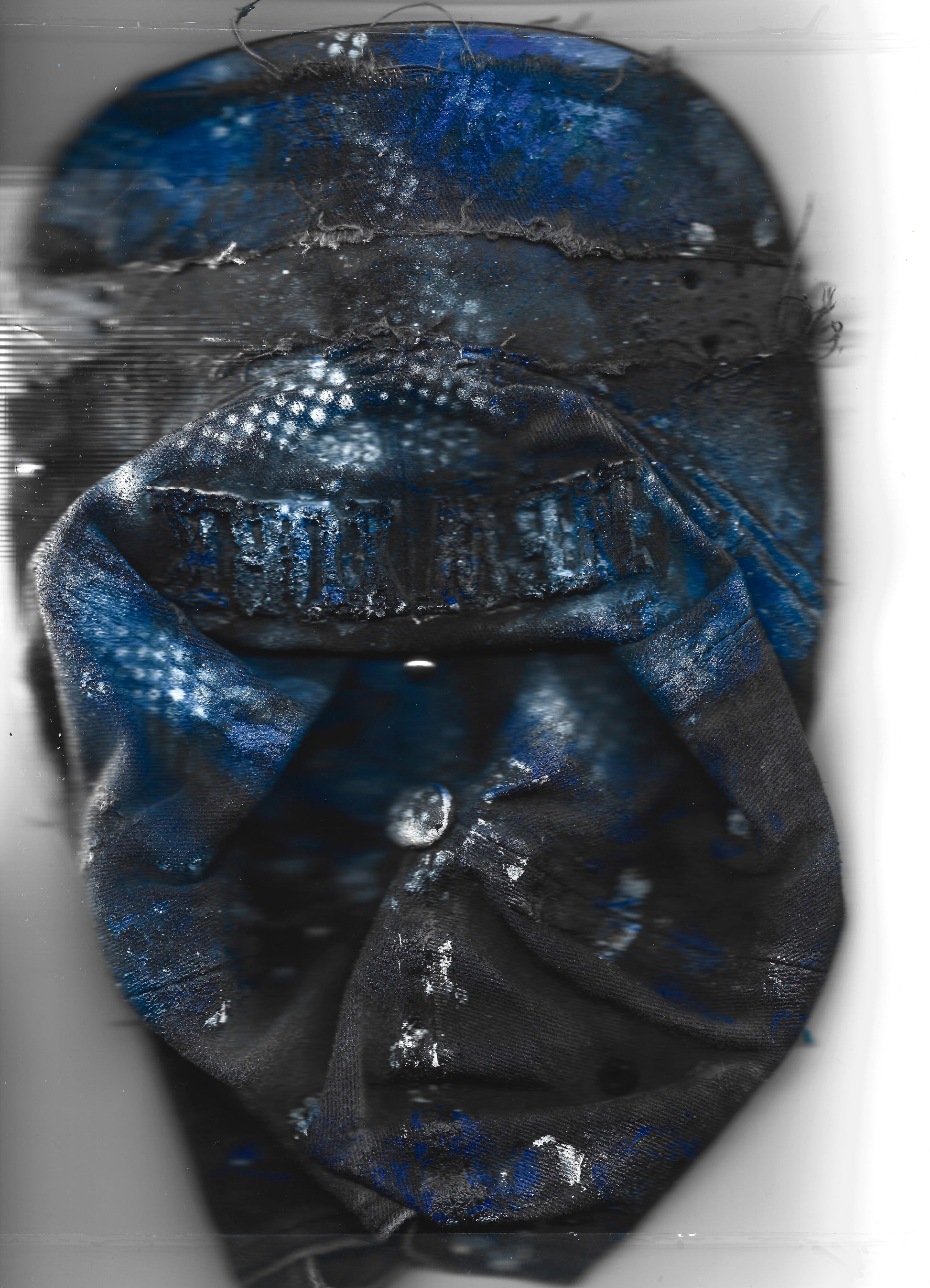 ASTROBOI* 'North Star' black and blue distressed painted hat with "New York" embroidery and black, white, and blue hand-painted design, front view scanned