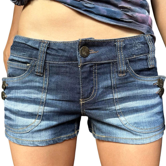 WF by Wallflower Y2K Blue Faded Low Rise Denim Shorts - front 