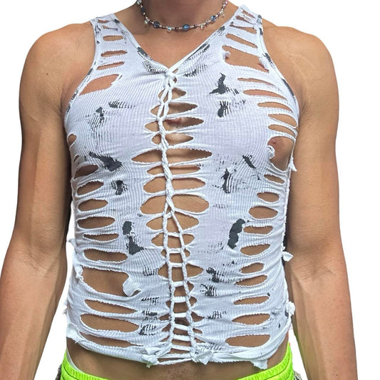 ASTROBOI* 'Marble' White Braided Painted Twist Tank Top  - front 