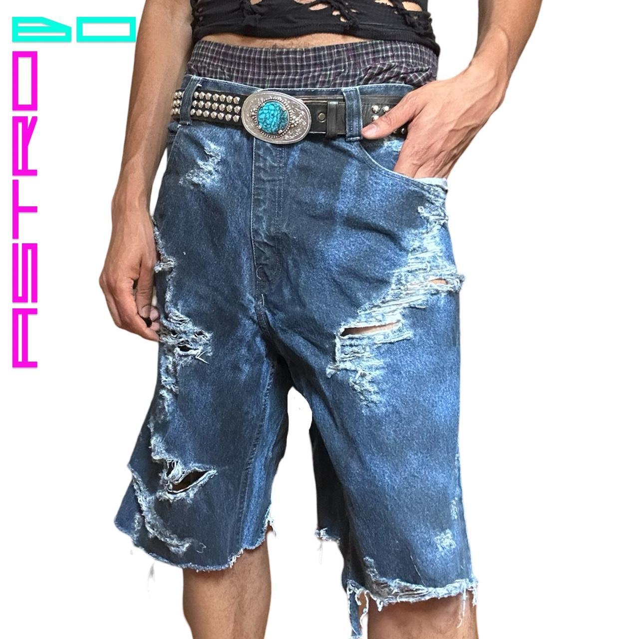 ASTROBOI* SOUTH POLE BACK TO BLACK DISTRESSED DENIM SHORTS _ 36"