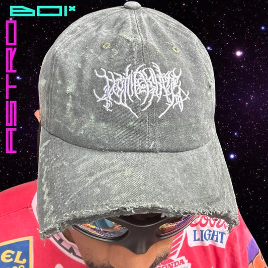 ASTROBOI* DISTRESSED GREEN HALF BILL BARBWIRE LOGO EMBROIDERED HAT