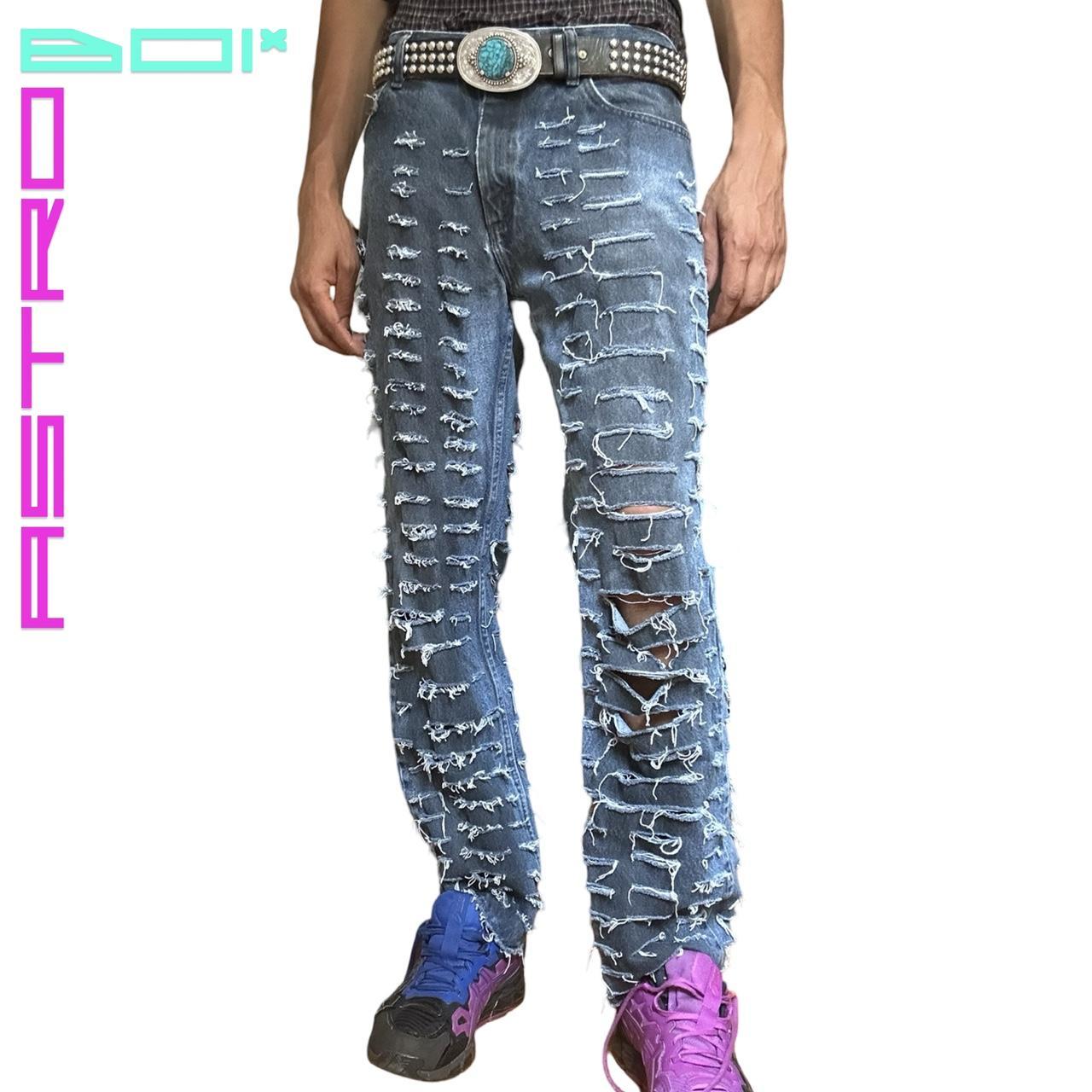 ASTROBOI* LEE TIERED SLASHED MID BLUE JEANS _ 32"