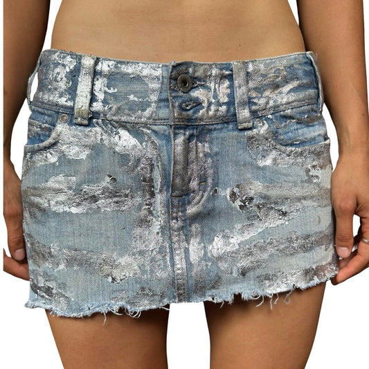 ASTROBOI* Y2K Silver Foiled Blue Denim Mini Skirt - front 
