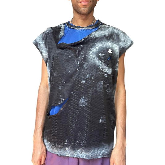 Starter Black & Blue Ripped Mesh Tank Top - front 