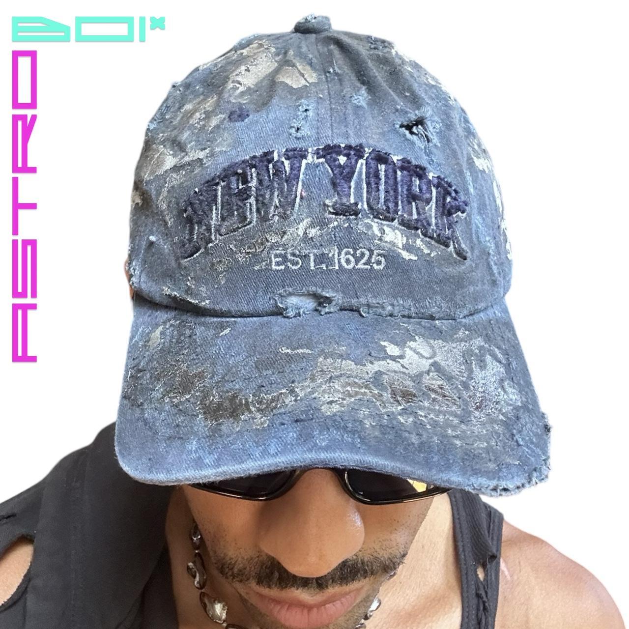 ASTROBOI* NEW YORK 'ZYPHER' DISTRESSED AIRBRUSHED BLUE HAT WITH AIRBRUSHING