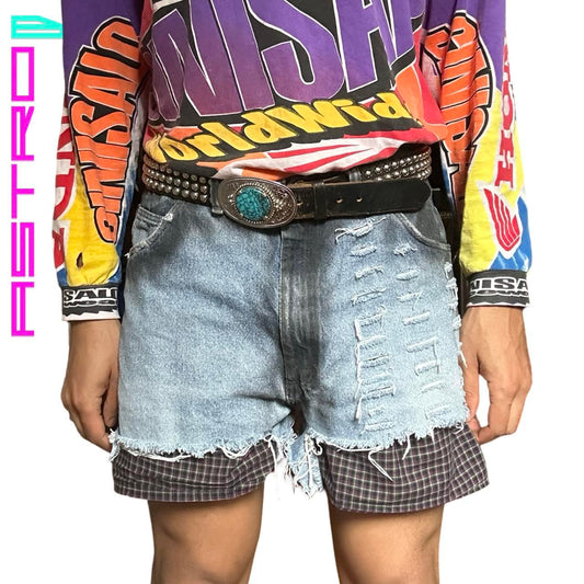 ASTROBOI* RIPPED CUT OFF BLACK & BLUE DENIM SHORTS _ 36"