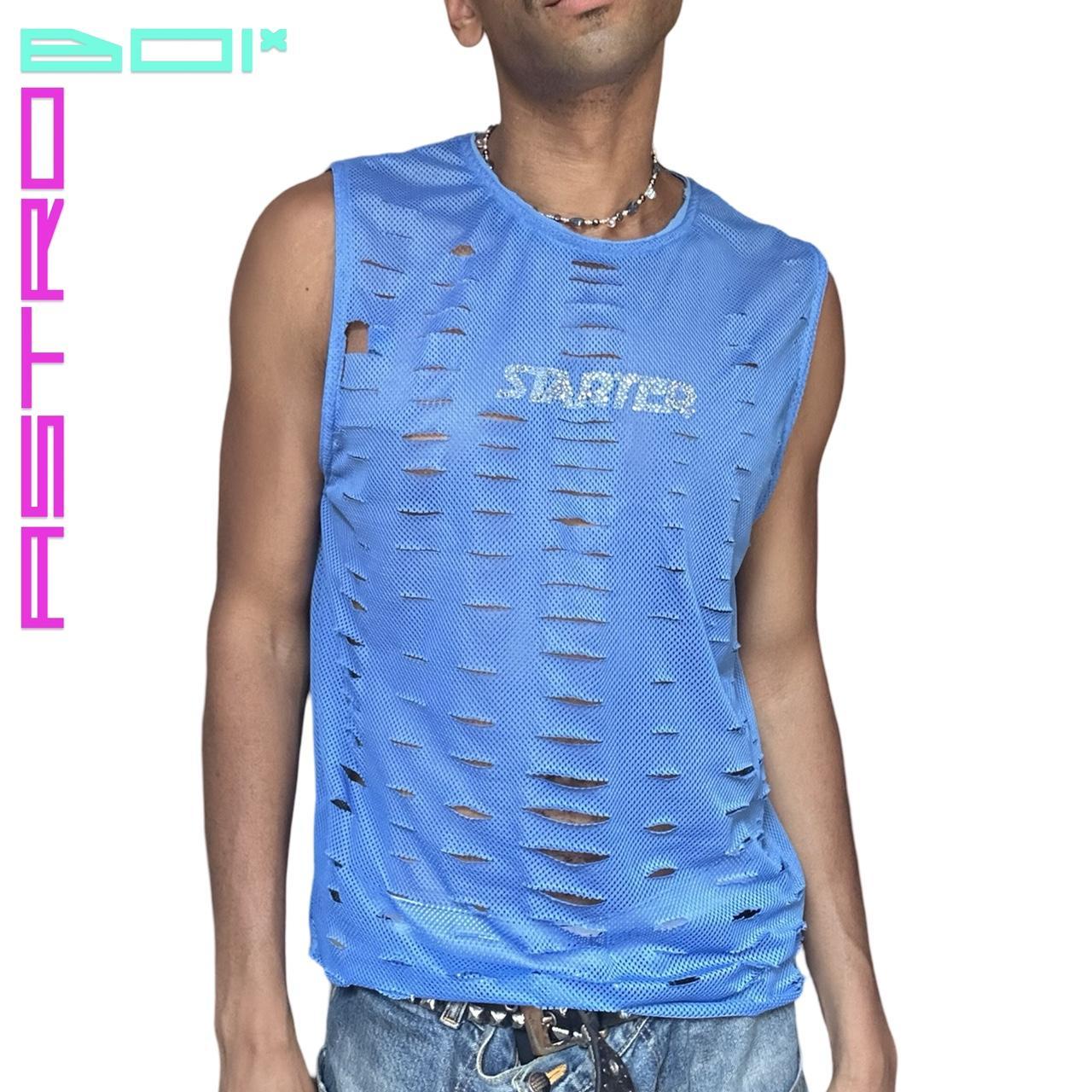 ASTROBOI* STARTER RHINESTONE SLASHED LIGHT BLUE MESH TANK TOP_ MEDIUM