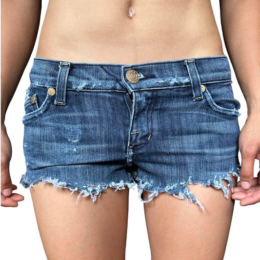 Rock & Republic Y2K Distressed Blue Denim Low Rise Mini Shorts -  front 