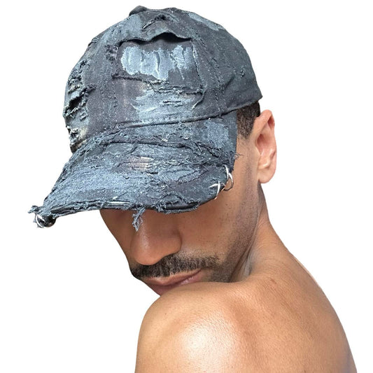 ASTROBOI* 'Thrashed' Black Distressed Denim Pierced Hat - front 