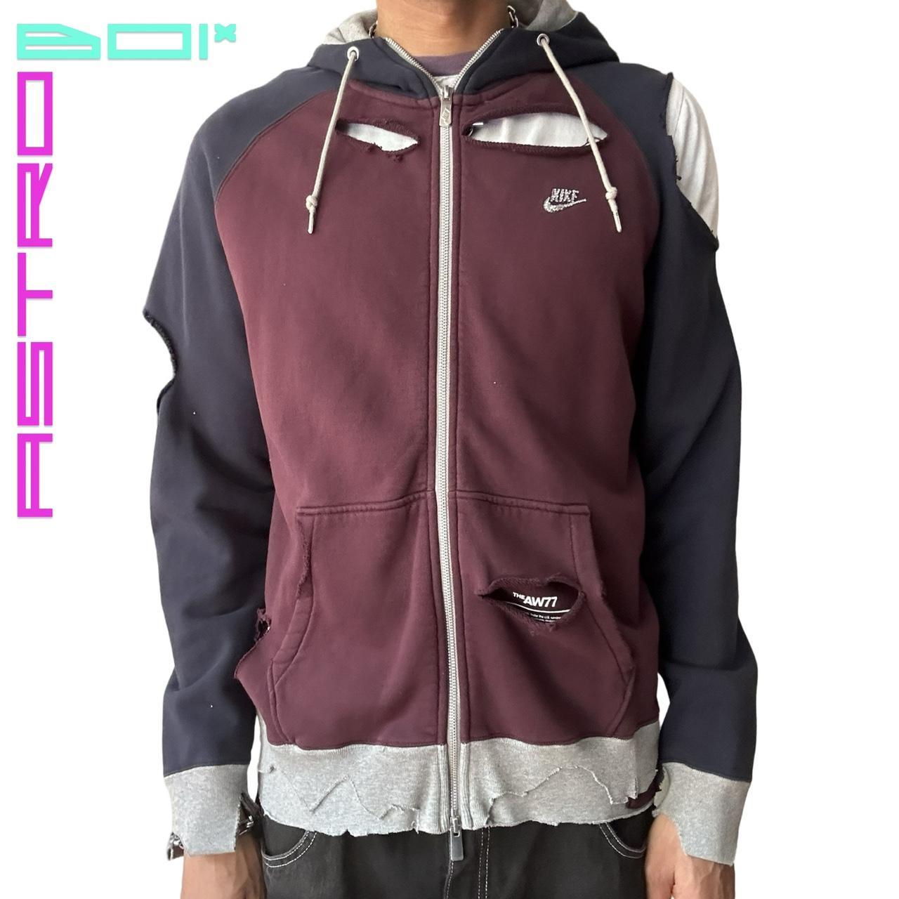 ASTROBOI* NIKE MAROON COTTON DECONSTRUCTED ZIP UP HOODIE WITH RHINESTONE LOGO _ XL