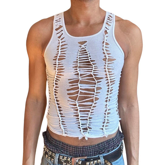 ASTROBOI* WHITE SHREDDED BRAIDED TANK TOP