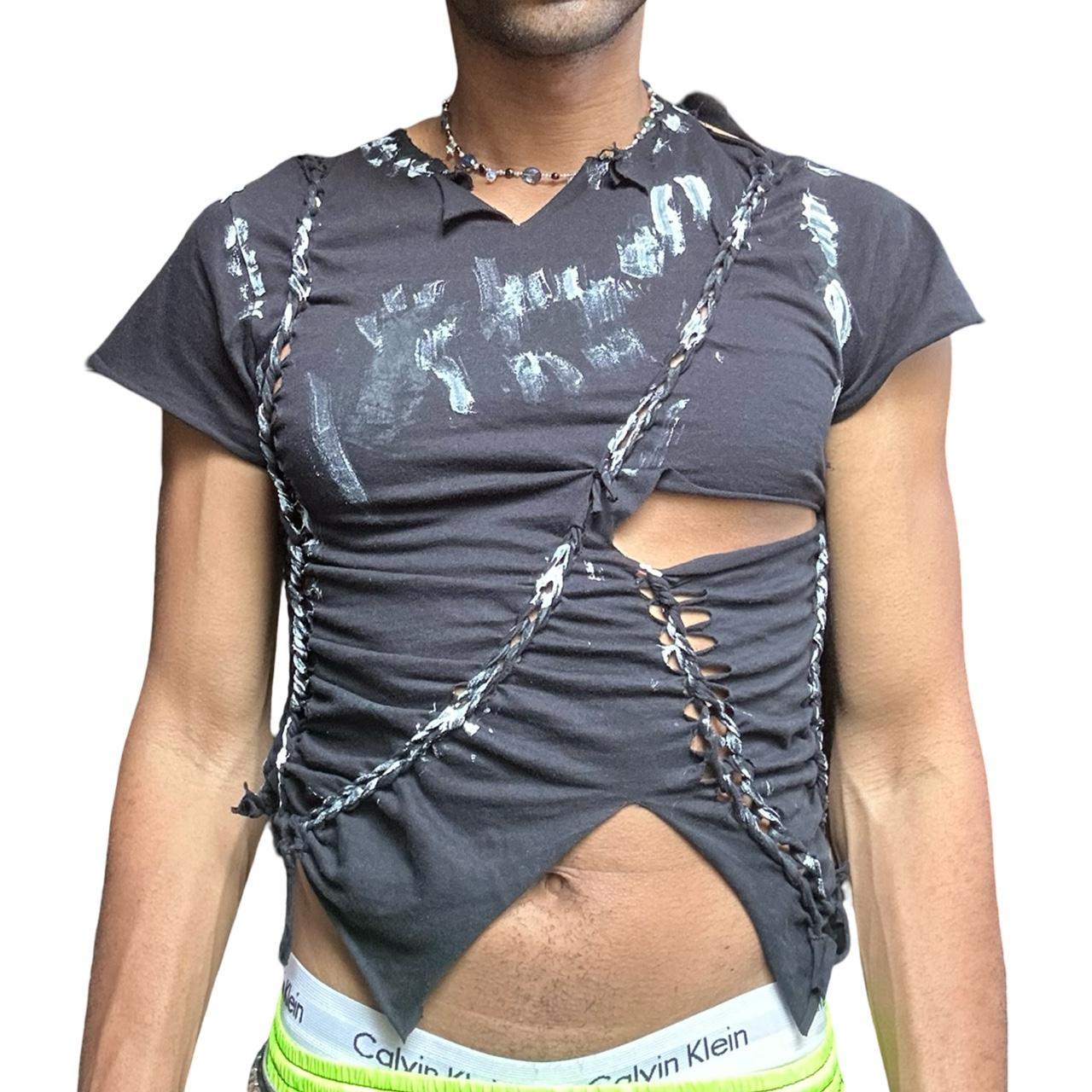 ASTROBOI* 'Painterly' Black Braided Painted Twist T-shirt - front 