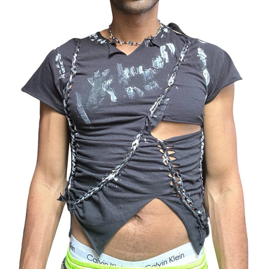 ASTROBOI* 'Painterly' Black Braided Painted Twist T-shirt - front 