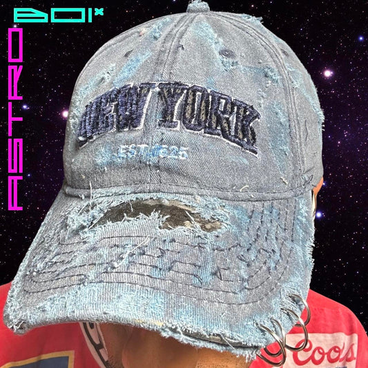 ASTROBOI* 'PIERCED' DISTRESSED NEW YORK BLUE CAP