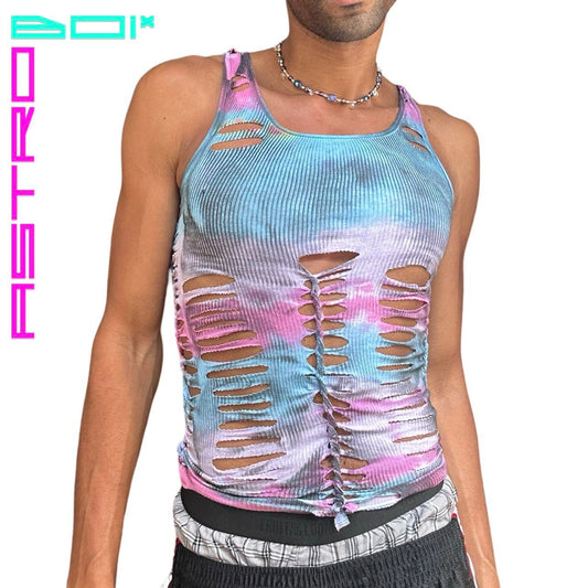 ASTROBOI* BLUE/PINK TIE DYE BRAIDED TANK_ SMALL