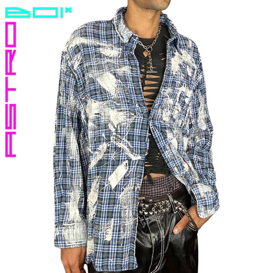 ASTROBOI* BLUE PLAID PAINTERLY FLANNEL_ 3XL