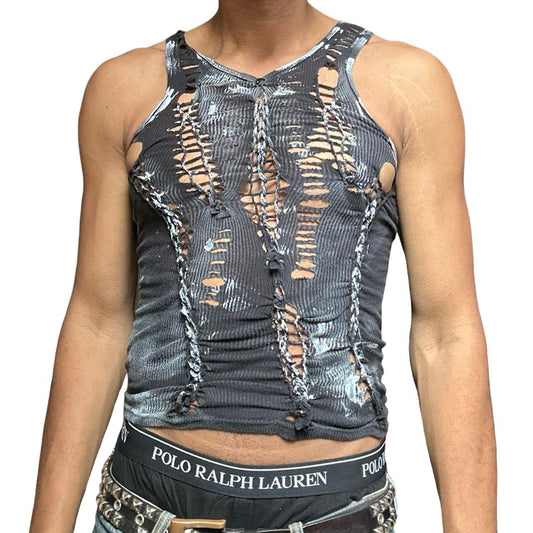 ASTROBOI* x Gildan 'White Out' Black & White Painted Twist Braided Tank Top - front 