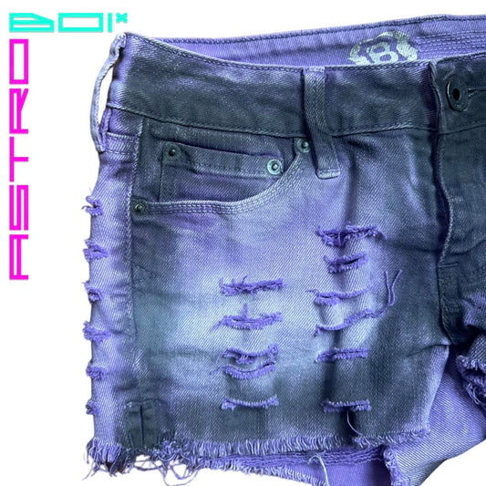 ASTROBOI PURPLE RIPPED DENIM AIRBRUSHED SHORTS _ 28"