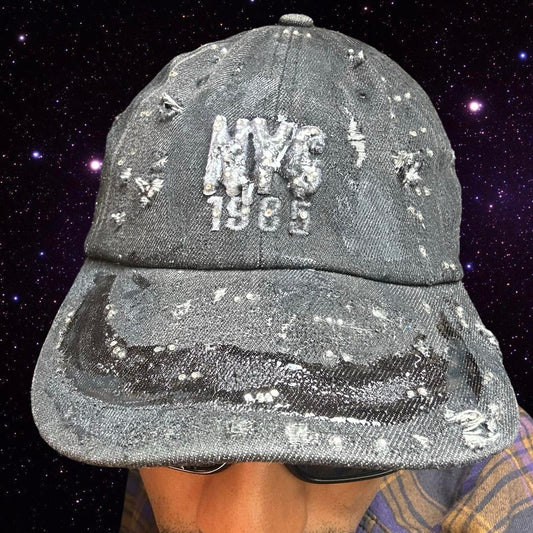 ASTROBOI* New York Black Distressed Denim Resin &amp; Rhinestone Hat - front 