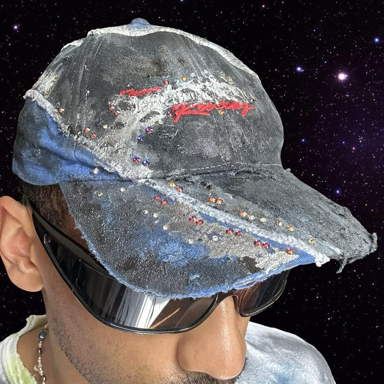ASTROBOI* 'Racing' Black & Blue Distressed Rhinestone Hat - front 