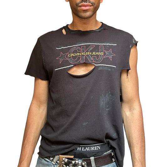 ASTROBOI* CK Jeans Black Asymmetric Logo T-shirt - front 