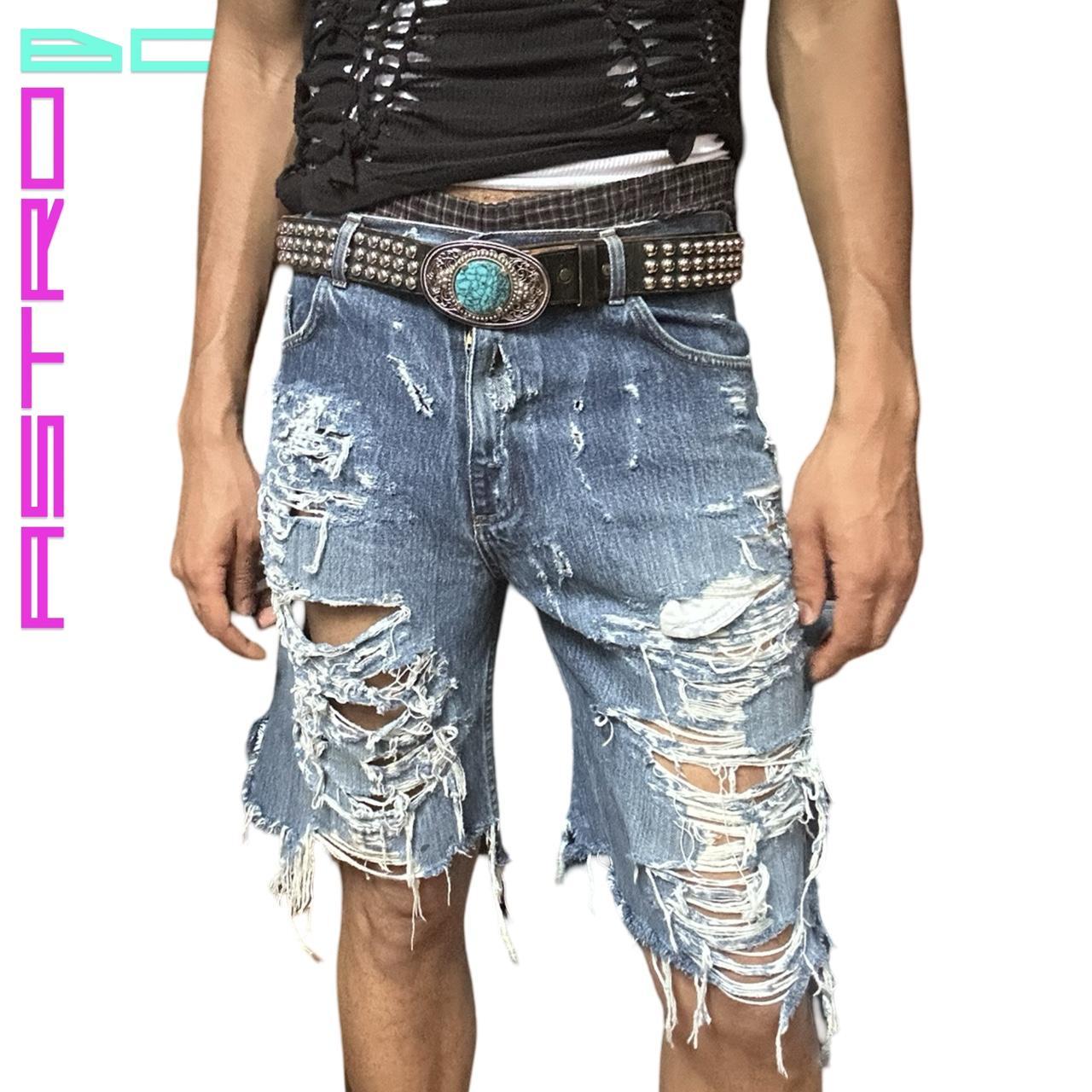 ASTROBOI* BLUE FADED RIPPED CUT OFF DENIM SHORTS _ 32"