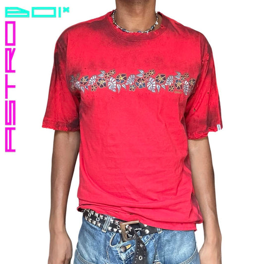 ASTROBOI* SPEEDO RED RHINESTONE HIBISCUS GRUNGE T-SHIRT _ XL