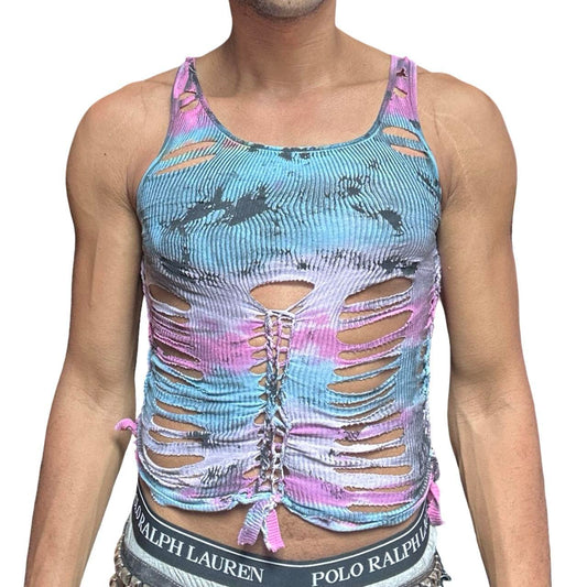 ASTROBOI* Blue and Pink Tie Dye Braided Twist Tank Top – front 