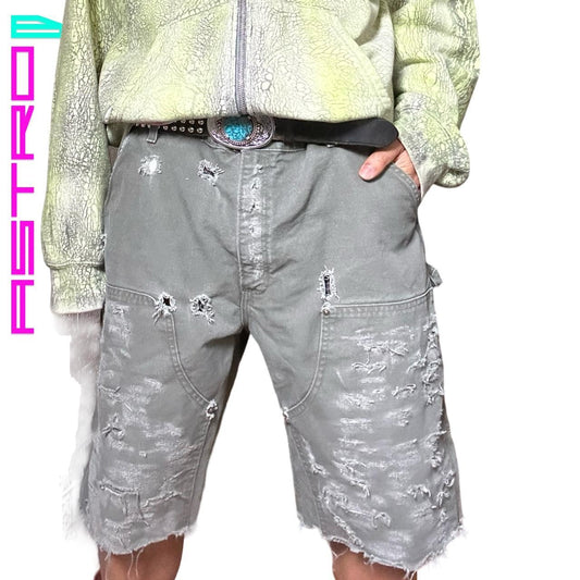 ASTROBOI* CARHARTT GREEN DOUBLE KNEE DISTRESSED RIPPED SHORTS _ 38"