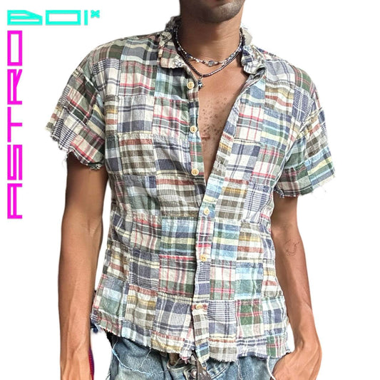 ASTROBOI* DECONSTRUCTED PATCHWORK CUT OFF BUTTON UP SHIRT _ LARGE