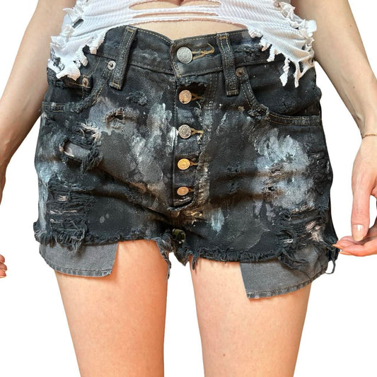 ASTROBOI* x Levi's Womens Ripped Black Denim Painted Mini Shorts - front 